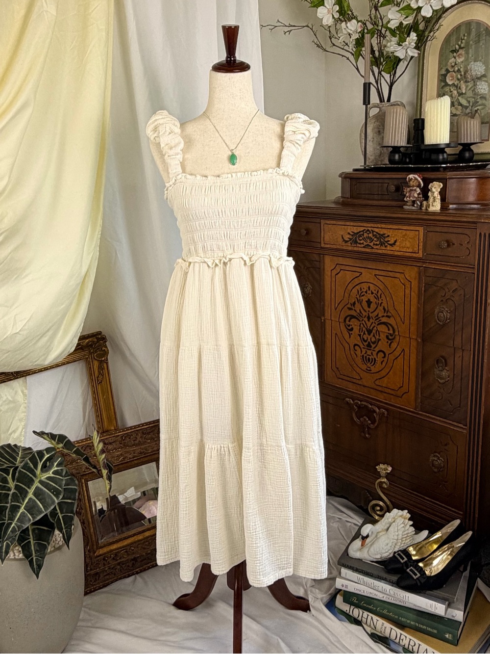 Cream Smocked Tiered Muslin Cotton Midi Summer Dress S Cottagecore European Chic